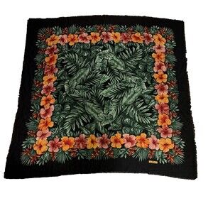 Vintage Tommy Bahama Large Square Scarf Black Fringe Hibiscus Tropical Cotton